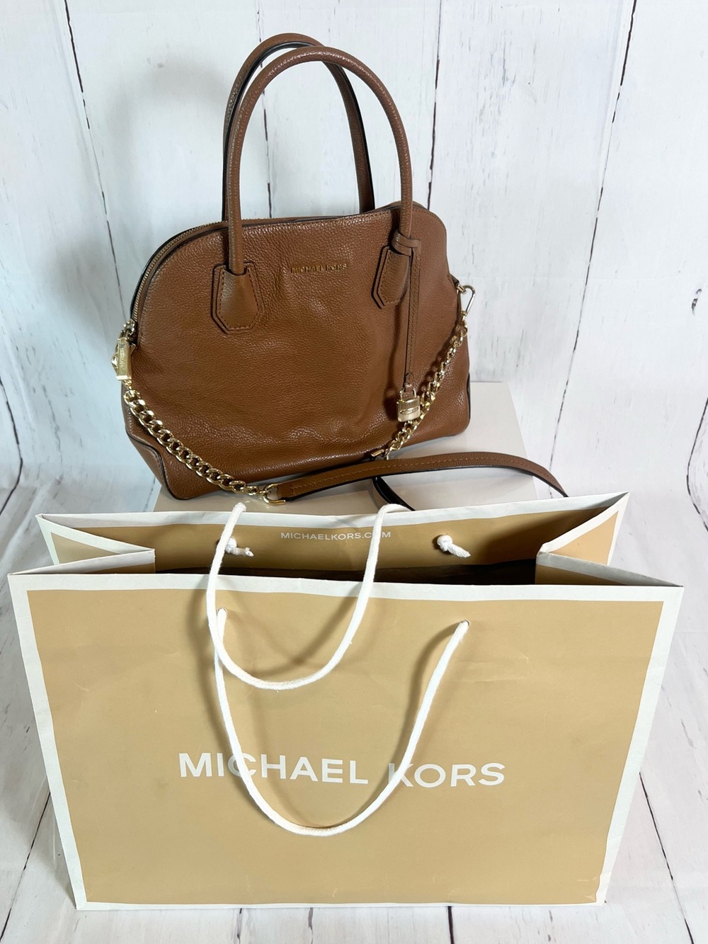 Michael Kors Mercer Medium Dome Satchel Bag Brown Leather with Shopping Bag